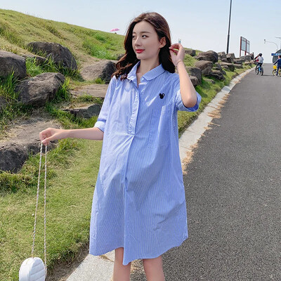 Grūtnieču kleitas Kokvilnas vasaras drēbes grūtniecēm Modes lielizmēra vidēja garuma krekls svārki ikdienišķa grūtniecība Vestidos