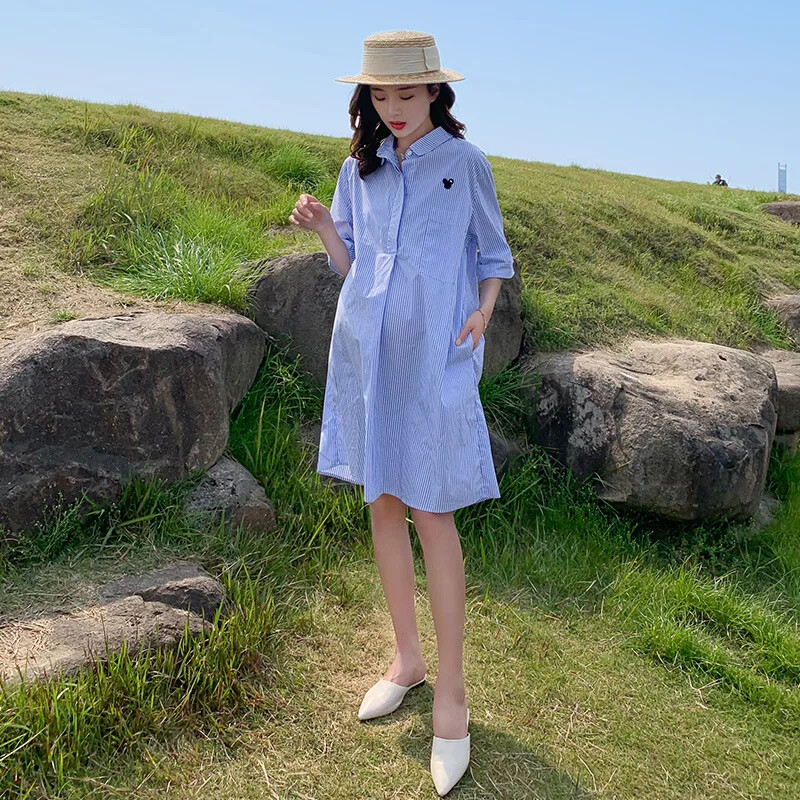 Grūtnieču kleitas Kokvilnas vasaras drēbes grūtniecēm Modes lielizmēra vidēja garuma krekls svārki ikdienišķa grūtniecība Vestidos