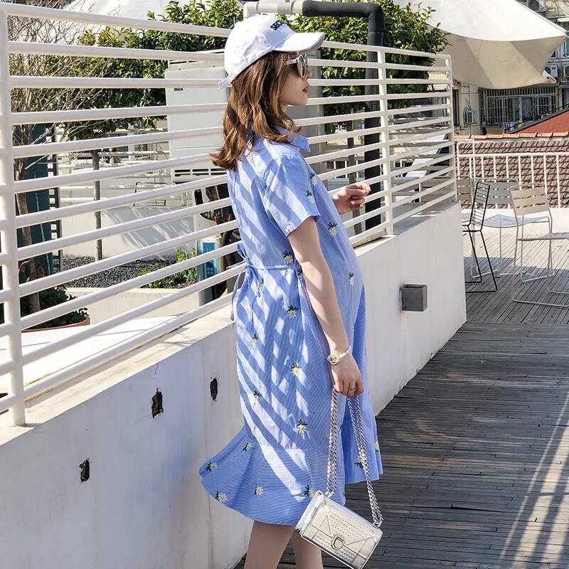 Grūtnieču kleitas Kokvilnas vasaras drēbes grūtniecēm Modes lielizmēra vidēja garuma krekls svārki ikdienišķa grūtniecība Vestidos