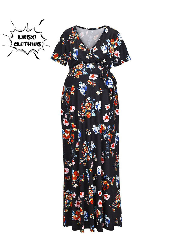 2023-as terhes női ruha divat, új stílusú női nyomott öv, szoptatós rövid ujjú tavaszi/nyári hosszú ruha