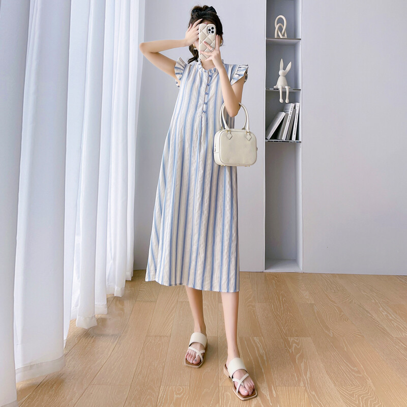 2024. Ljetna trudnička duga haljina s rukavima od latica Pamučna lanena haljina za trudnice Slatka trudnička haljina bez rukava A kroja