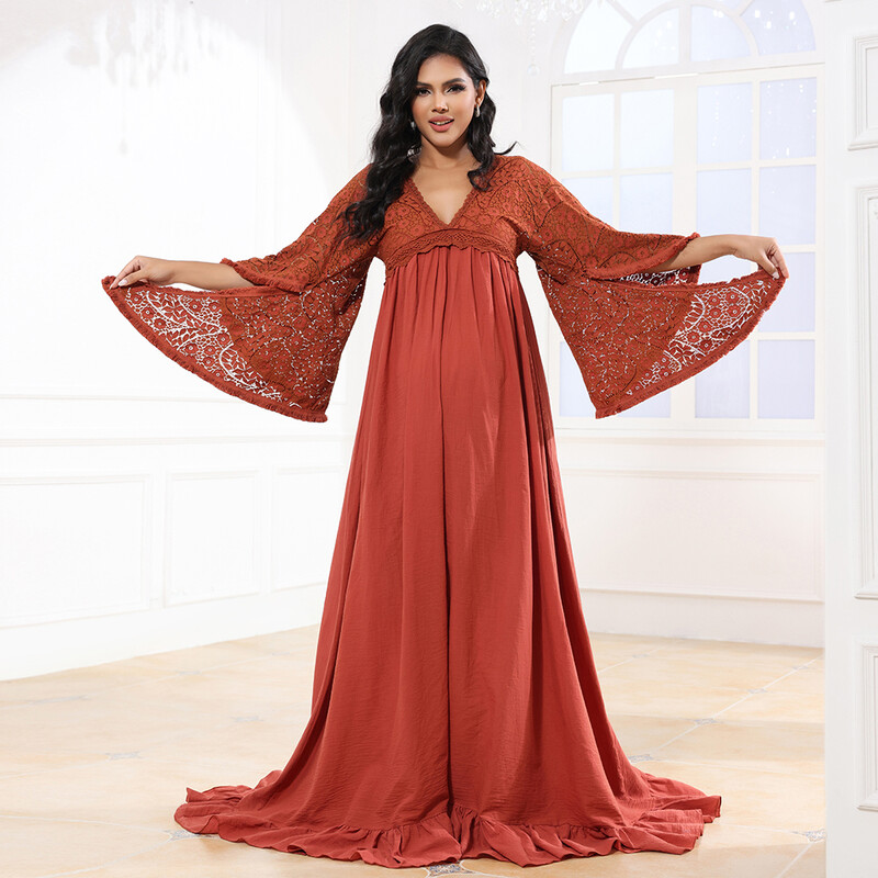 Rust Boho garas kleitas grūtniecības fotosesijai kokvilnas piedurknēm ar piedurknēm grūtnieču fotografēšanai apģērbs Maxi kleita