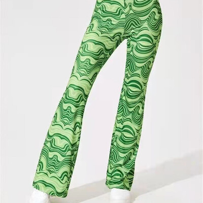 Sieviešu jogas stulpiņi sporta zāle ar augstu vidukli uzliesmojošu bikses Lielizmēra Wave Printed Fitness Latīņamerikas deju platas bikses treniņu bikses