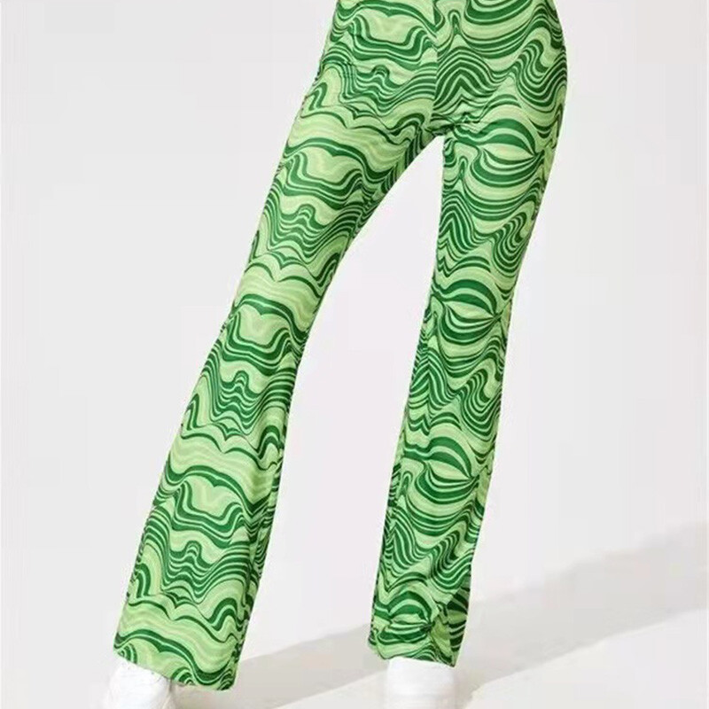 Sieviešu jogas stulpiņi sporta zāle ar augstu vidukli uzliesmojošu bikses Lielizmēra Wave Printed Fitness Latīņamerikas deju platas bikses treniņu bikses