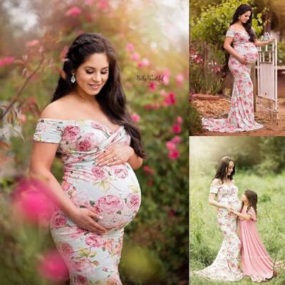 Rochie de maternitate Boho cu imprimeu floral Recuzită fotografică Rochie boemă de maternitate cu flori pentru ședință foto Îmbrăcăminte ocazională Baby Shower