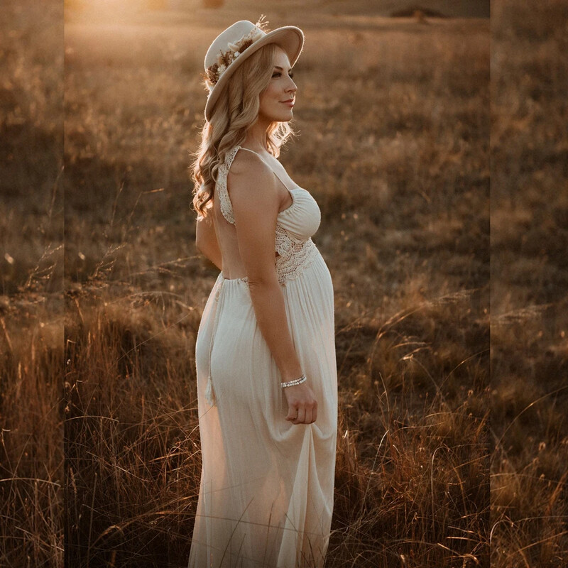 Mežģīņu kleitas grūtniecēm bez atzveltnes zīdaiņu vakariņām Boho kleita grūtniecēm V veida kakla izgriezums, Bohēmijas kleita fotogrāfiju uzņemšanai grūtniecības laikā