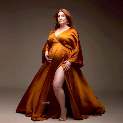 Grūtnieču fotografēšanas kleita Eleganta mīksta satīna šifona kleita ar garām piedurknēm Bohēmijas fotogrāfiju uzņemšanas kleita grūtniecības laikā