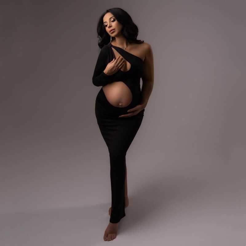 Seksīga, dobi, grūtnieču fotografēšanas tērpi, slīpi pleci, staipīga grūtniecības kleita fotosesijai