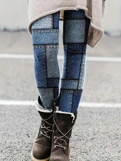 Liela izmēra sieviešu modes legingi ar augstu vidukli Ikdienas imitācijas džinsa rūtaini stulpiņi elastīgi apdrukāti legingi ikdienas pēdu bikses