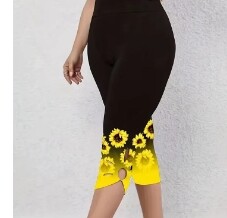 Leggings cu imprimeu floarea-soarelui pentru damă, mărime Plus, 1XL-8XL, la modă, decupate, confortabile, finețe, capri, curbate, pentru femei, îmbrăcăminte ocazională perfectă