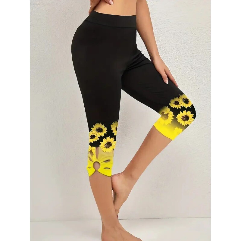 Leggings cu imprimeu floarea-soarelui pentru damă, mărime Plus, 1XL-8XL, la modă, decupate, confortabile, finețe, capri, curbate, pentru femei, îmbrăcăminte ocazională perfectă