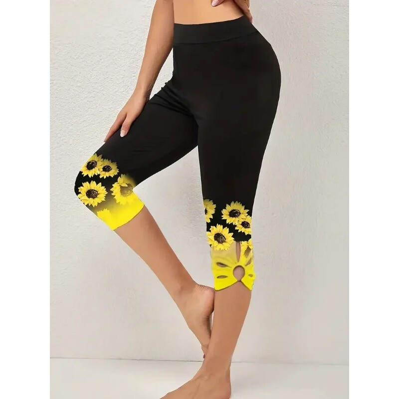 Leggings cu imprimeu floarea-soarelui pentru damă, mărime Plus, 1XL-8XL, la modă, decupate, confortabile, finețe, capri, curbate, pentru femei, îmbrăcăminte ocazională perfectă