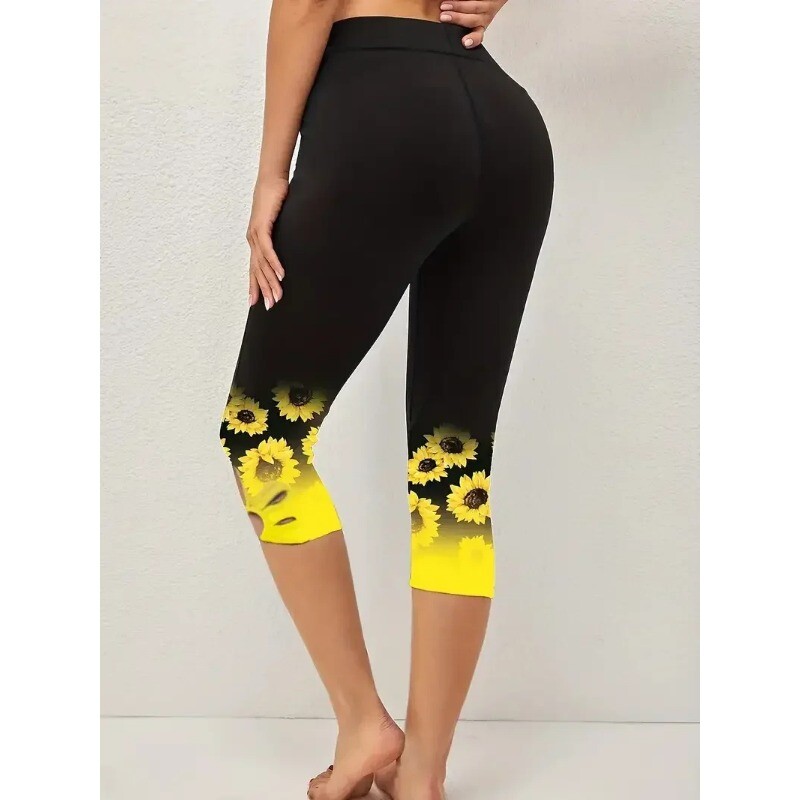 Leggings cu imprimeu floarea-soarelui pentru damă, mărime Plus, 1XL-8XL, la modă, decupate, confortabile, finețe, capri, curbate, pentru femei, îmbrăcăminte ocazională perfectă