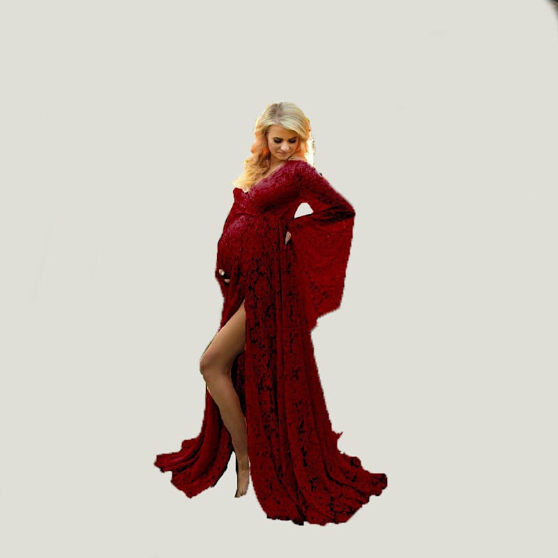 Vasaras jaunas grūtnieces ar dziļu V veida kakla izgriezumu, piedurknēm, mežģīņu perspektīvas kleitas, kleitas grūtniecēm fotosesijai