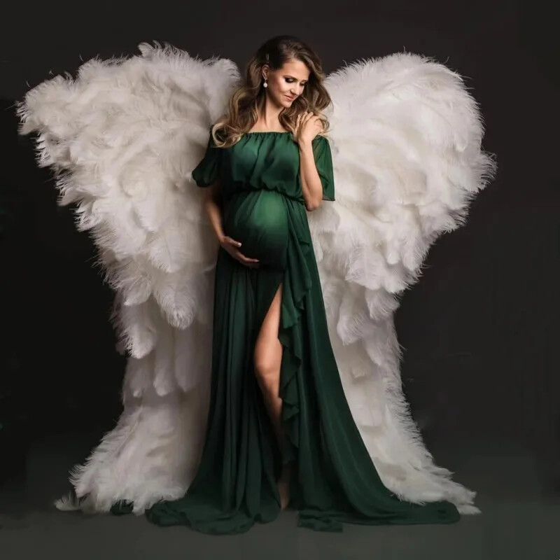 Vasaras šifona slīpsvītra kakla grūtnieču fotografēšana garās kleitas sānos šķēlumi Boho šifona grūtniecības foto šaušanas maksi kleita