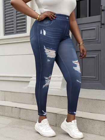 Plus Size Γυναικεία Faux Jeans εμπριμέ κολάν απομίμηση σκισμένο τζιν παντελόνι Casual μόδα Μεσαίο ελαστικό παντελόνι εξαιρετικά μεγάλο