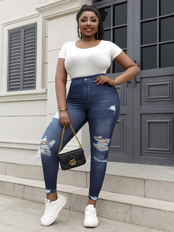 Plus Size Γυναικεία Faux Jeans εμπριμέ κολάν απομίμηση σκισμένο τζιν παντελόνι Casual μόδα Μεσαίο ελαστικό παντελόνι εξαιρετικά μεγάλο