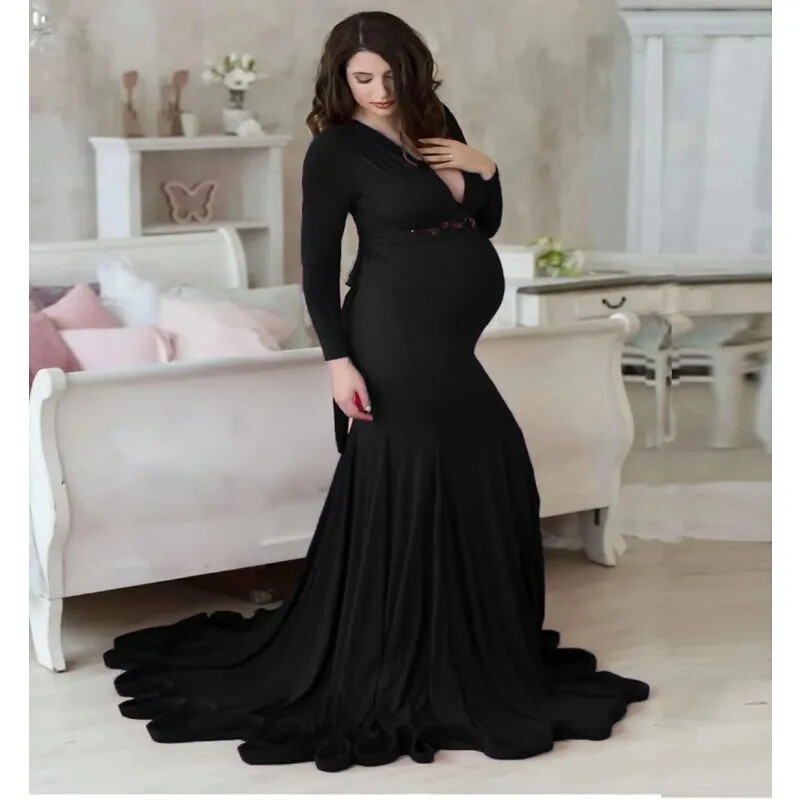 2024-es pamut kismama ruhák fotózáshoz Szexi V-nyakú terhes nők Díszes terhességi ruha fotózás kellékek Maxi ruha