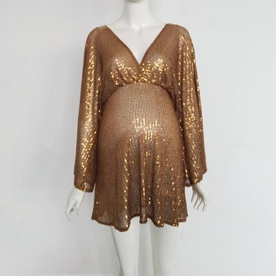 Golden sequins Boho grūtnieču fotografēšanas kleita Bohēmijas grūtniecības un fotografēšanas kleita ar fliteriem