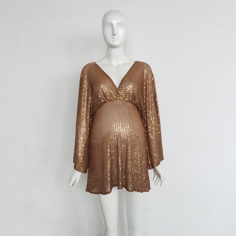 Golden sequins Boho grūtnieču fotografēšanas kleita Bohēmijas grūtniecības un fotografēšanas kleita ar fliteriem