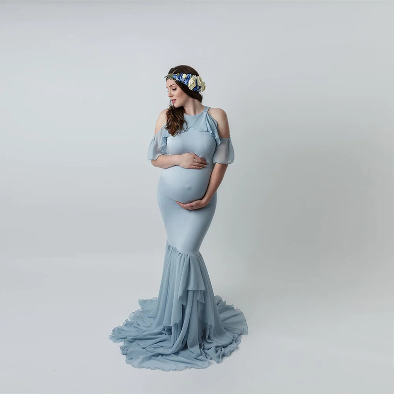 2024. gada Vetement Femme sieviešu grūtnieču kleita fotografēšanai ar volānu palīdzību