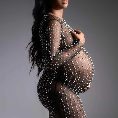 Tīkla caurlaidība grūtnieču fotografēšanai Garās kleitas Pērļu caurspīdīgs Tills Grūtniecības fotosesijas kleita Sieviešu kleitu ballītei