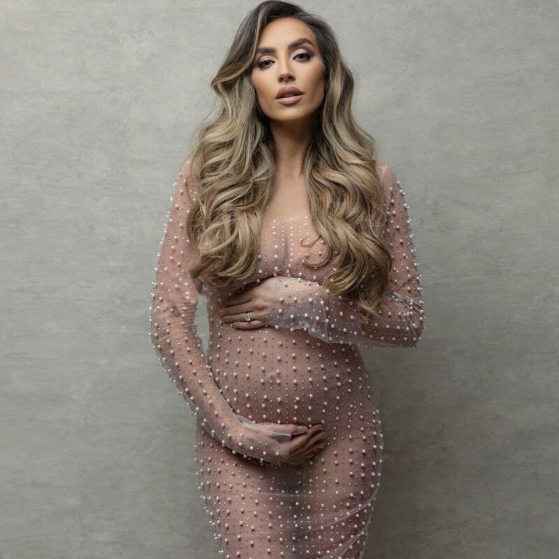 Tīkla caurlaidība grūtnieču fotografēšanai Garās kleitas Pērļu caurspīdīgs Tills Grūtniecības fotosesijas kleita Sieviešu kleitu ballītei