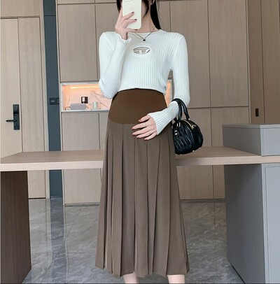 Rudens un ziemas grūtnieču vilnas svārki Preppy Style, gari, brīvi grūtniecēm, kroku svārki ar augstu vidukli Grūtniecības pilni svārki