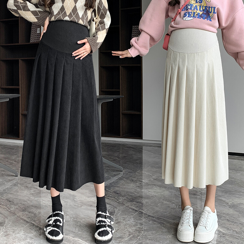 Rudens un ziemas grūtnieču vilnas svārki Preppy Style, gari, brīvi grūtniecēm, kroku svārki ar augstu vidukli Grūtniecības pilni svārki