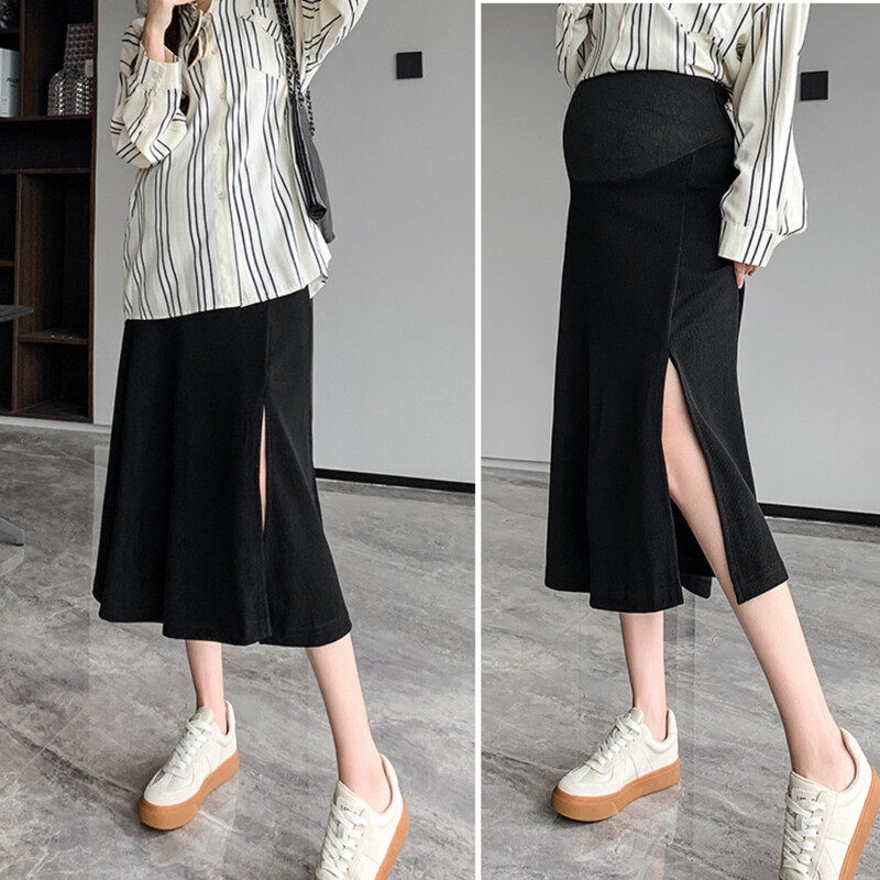 Φθινοπωρινές χειμωνιάτικες φούστες εγκυμοσύνης στο πλάι σπαστό στο κάτω μέρος της κοιλιάς Ρούχα για έγκυες μόδα Φόρεμα φωτογράφησης εγκυμοσύνης