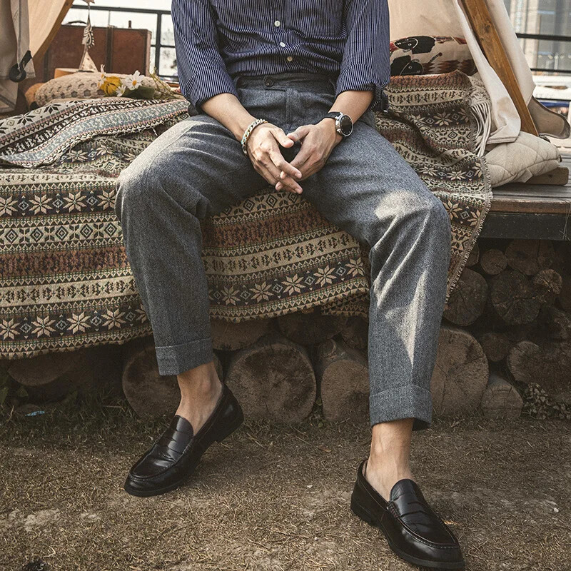 Red Tornado Britu vilnas Gurkha Formālās bikses Retro vīriešu ikdienas bikses pelēkas