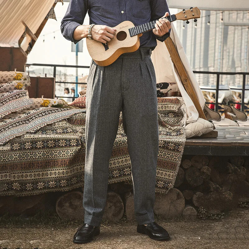 Red Tornado Britu vilnas Gurkha Formālās bikses Retro vīriešu ikdienas bikses pelēkas