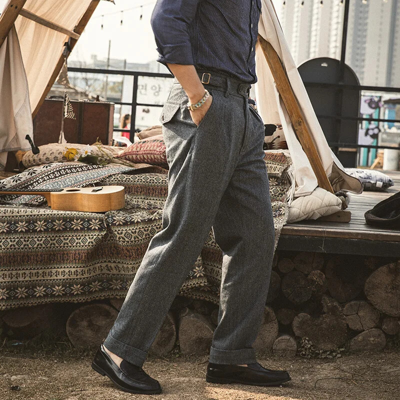 Red Tornado Britu vilnas Gurkha Formālās bikses Retro vīriešu ikdienas bikses pelēkas