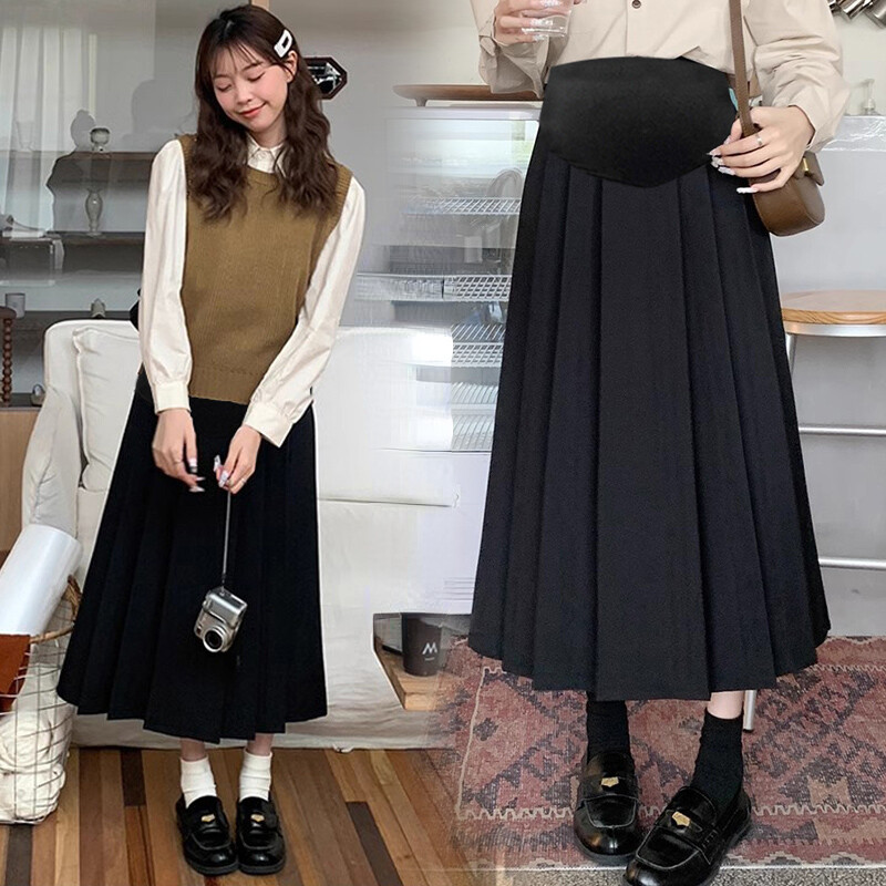 Preppy stila svārki grūtniecēm ar augstu vidukli un vēdersvārki rudens gariem brīviem dizainiem grūtniecēm lietussargu svārki brīvi grūtnieču svārki