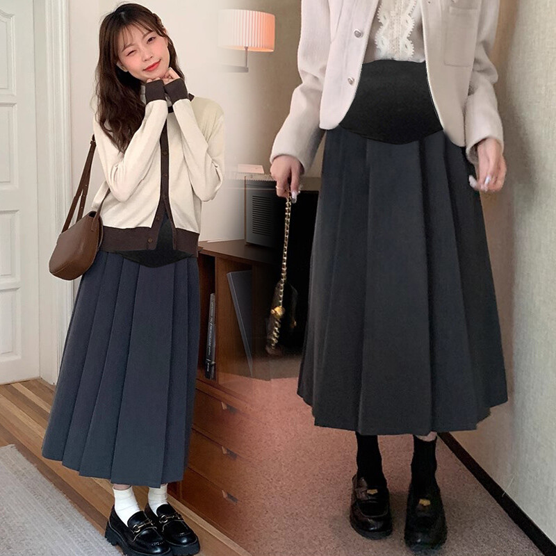 Preppy stila svārki grūtniecēm ar augstu vidukli un vēdersvārki rudens gariem brīviem dizainiem grūtniecēm lietussargu svārki brīvi grūtnieču svārki