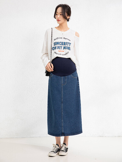 Moda de primăvară 2023 pentru femei însărcinate pentru petrecerea timpului liber Fuste cu talie înaltă pentru burtă de maternitate Fuste lungi largi de sarcină Fuste din denim haine