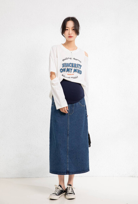 Moda de primăvară 2023 pentru femei însărcinate pentru petrecerea timpului liber Fuste cu talie înaltă pentru burtă de maternitate Fuste lungi largi de sarcină Fuste din denim haine