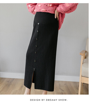 Rudens grūtnieču apģērbi slaidi gurni grūtniecēm gari adīti svārki ar regulējamu vidukli zīmulis svārki poga Fly sadalīti grūtniecības svārki