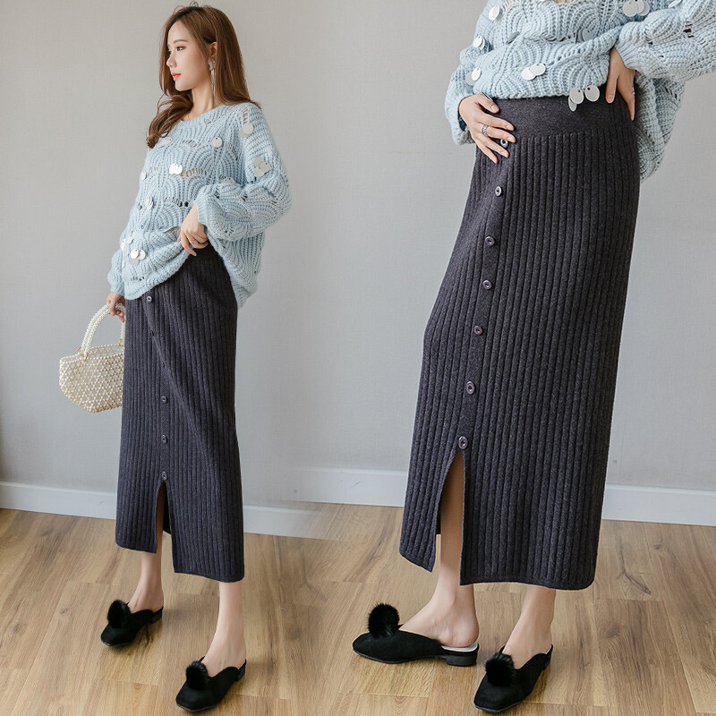 Rudens grūtnieču apģērbi slaidi gurni grūtniecēm gari adīti svārki ar regulējamu vidukli zīmulis svārki poga Fly sadalīti grūtniecības svārki