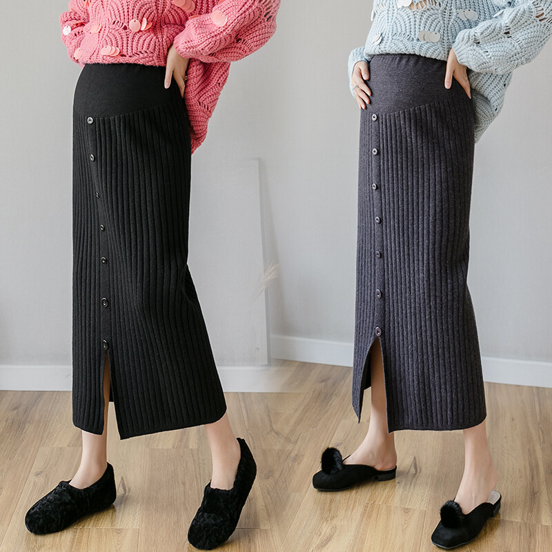 Rudens grūtnieču apģērbi slaidi gurni grūtniecēm gari adīti svārki ar regulējamu vidukli zīmulis svārki poga Fly sadalīti grūtniecības svārki