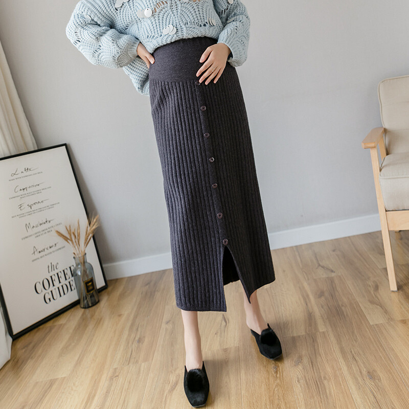 Rudens grūtnieču apģērbi slaidi gurni grūtniecēm gari adīti svārki ar regulējamu vidukli zīmulis svārki poga Fly sadalīti grūtniecības svārki