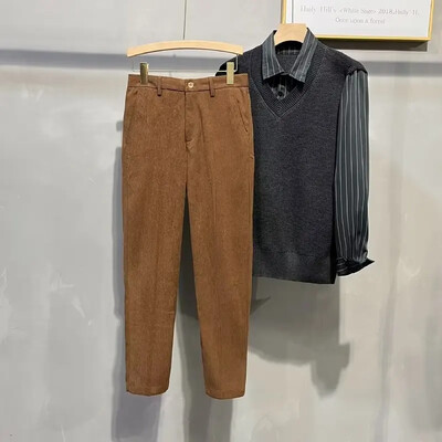 Pantaloni din velur pentru bărbați, stil nou, toamnă, iarnă, decupați, vintage, cu picior drept, ocazional, versatili, drapați, casual pentru bărbați