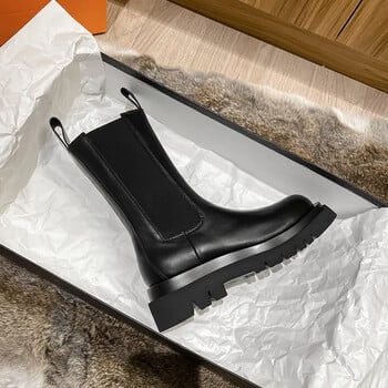 Classics Chelsea Boots Γυναικείες μαύρες μπότες αστραγάλου Φθινοπωρινά χειμερινά παπούτσια από γνήσιο δέρμα Κοντές μπότες πλατφόρμας Slip on Elastic Band