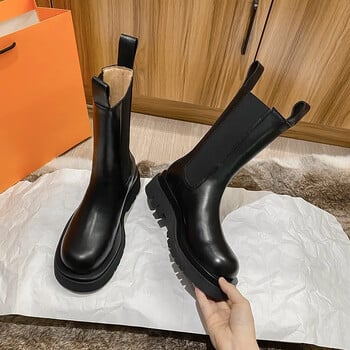 Classics Chelsea Boots Γυναικείες μαύρες μπότες αστραγάλου Φθινοπωρινά χειμερινά παπούτσια από γνήσιο δέρμα Κοντές μπότες πλατφόρμας Slip on Elastic Band