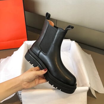 Classics Chelsea Boots Γυναικείες μαύρες μπότες αστραγάλου Φθινοπωρινά χειμερινά παπούτσια από γνήσιο δέρμα Κοντές μπότες πλατφόρμας Slip on Elastic Band