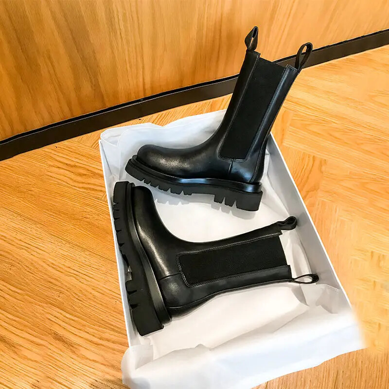 Cizme Chelsea clasice Cizme negre pentru femei Pantofi de toamnă și iarnă Cizme scurte cu platformă din piele naturală cu bandă elastică