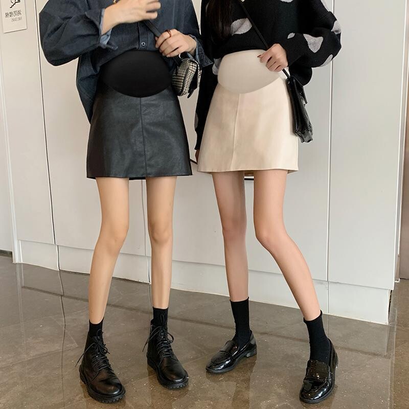 PU kismama rövid szoknyák 2024 őszi téli divat rugalmas derék has A vonal bő ruhák terhes nők számára, terhesség