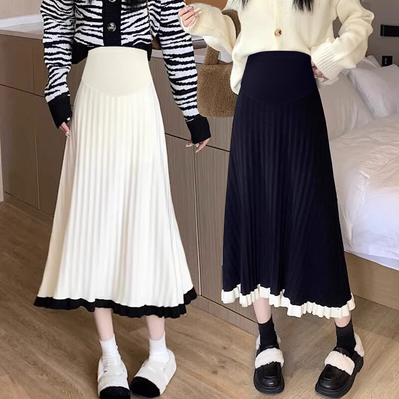 Korejiešu stila grūtniecēm pavasara un rudens trikotāžas lietussargu svārki Modes princeses svārki kontrasta krāsas savienojuma trompete