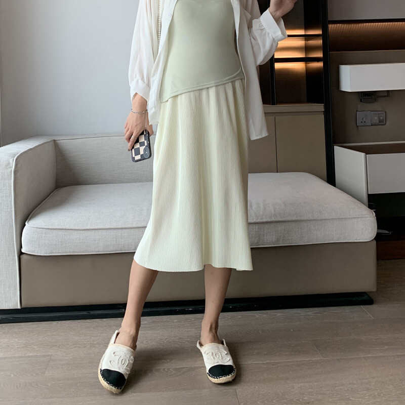 Nėščioms moterims Pusilgio kelnių sijonas Vasarinis laisvalaikio klostuotas šifoninis sijonas Vasarinis universalus vidutinio ilgio sijonas Madingas ledinis sijonas