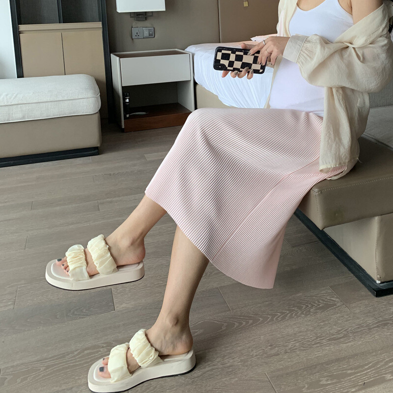 Nėščioms moterims Pusilgio kelnių sijonas Vasarinis laisvalaikio klostuotas šifoninis sijonas Vasarinis universalus vidutinio ilgio sijonas Madingas ledinis sijonas